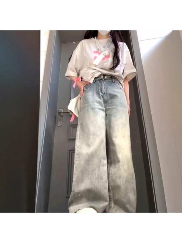 女士高腰直筒牛仔褲 轻盈夏季牛仔褲，寬鬆款式，仿真鈕扣細節，咖啡色，休閒街頭風格，女士牛仔褲