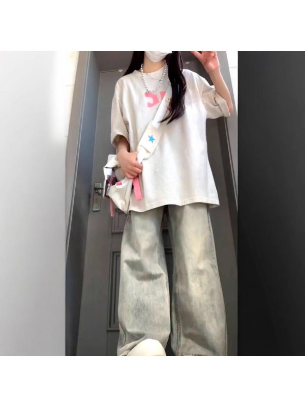 女士高腰直筒牛仔褲 轻盈夏季牛仔褲，寬鬆款式，仿真鈕扣細節，咖啡色，休閒街頭風格，女士牛仔褲