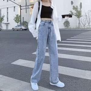 新款復古高腰淺藍色寬鬆褲，適合女性，適合春秋 2025 年，具有寬腿和合身的設計。