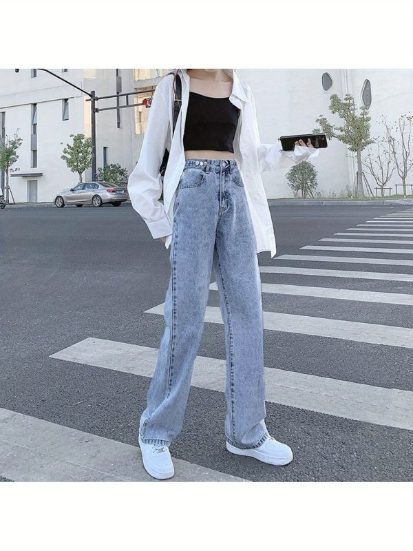 新款復古高腰淺藍色寬鬆褲，適合女性，適合春秋 2025 年，具有寬腿和合身的設計。