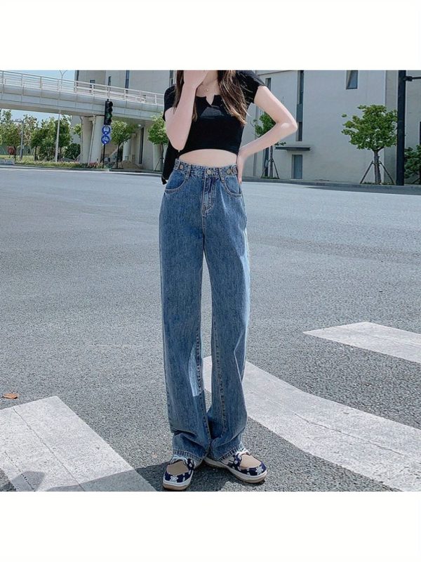 新款復古高腰淺藍色寬鬆褲，適合女性，適合春秋 2025 年，具有寬腿和合身的設計。