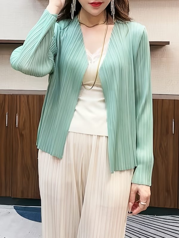 大尺碼 女士優雅 v 領長袖開衫 瘦身款，輕質聚酯，前扣，荷葉邊，適合春夏，休閒時尚風格，休閒時尚開衫 | v 領開衫 | 光澤質感
