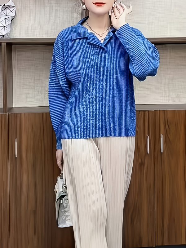 女士休閒純色藍色長袖襯衫 尖領紐扣上衣，可機洗春秋多功能襯衫，適合辦公室通勤和休閒裝束，摺疊結款式|有質感的布料