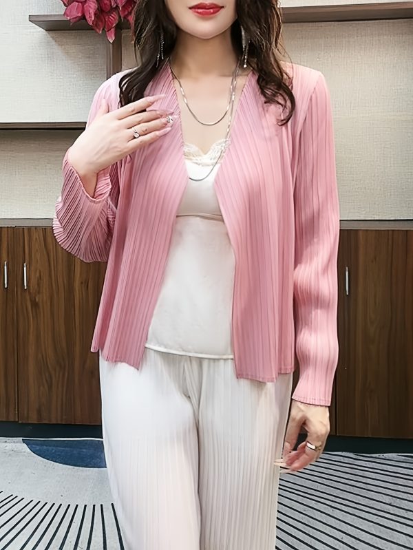 大尺碼 女士優雅 v 領長袖開衫 瘦身款，輕質聚酯，前扣，荷葉邊，適合春夏，休閒時尚風格，休閒時尚開衫 | v 領開衫 | 光澤質感