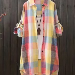 【極簡魅力】女士別緻格紋襯衫襯衫 優雅長袖，紐扣，輕質亞麻混紡，四季百搭