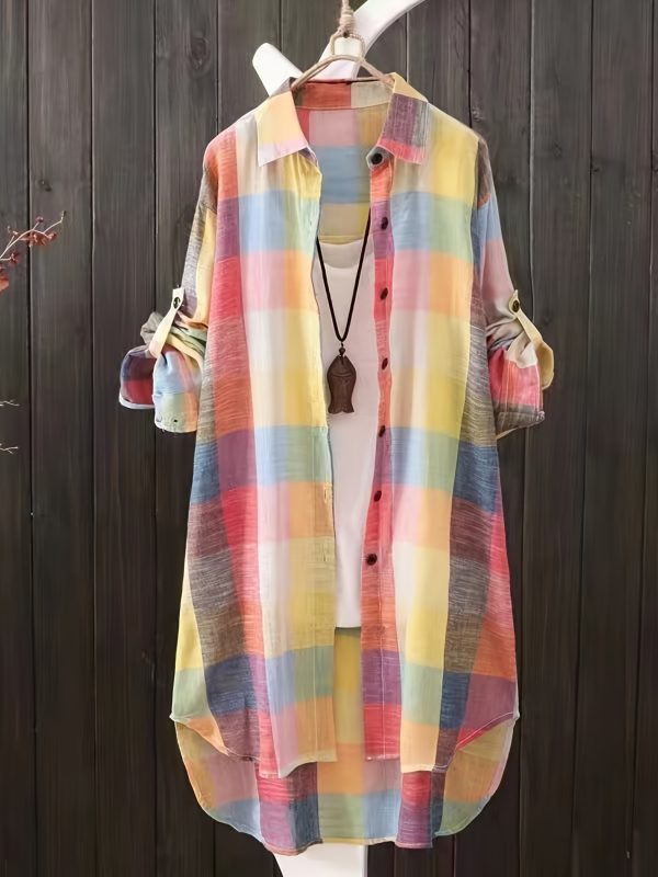 【極簡魅力】女士別緻格紋襯衫襯衫 優雅長袖，紐扣，輕質亞麻混紡，四季百搭