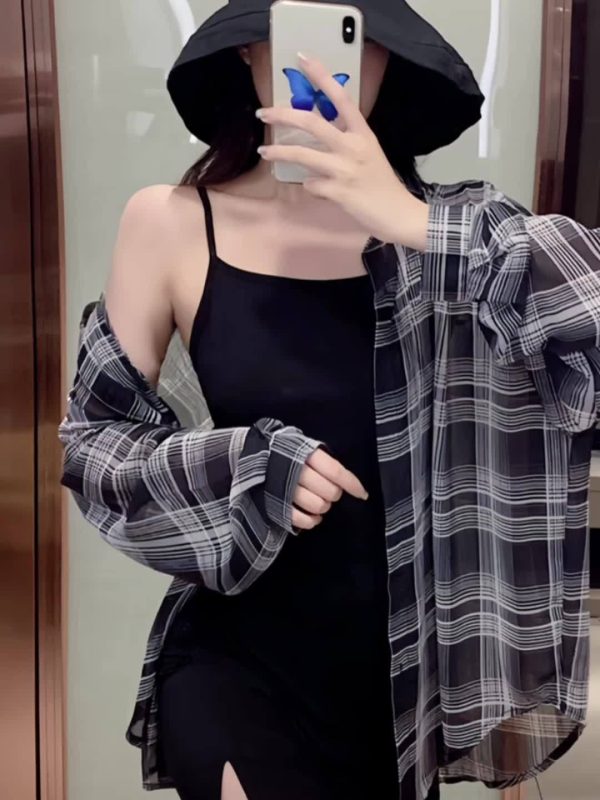 大碼女士休閒格子兩色夏季時尚沙灘連體裙套裝，適合戶外及度假穿著