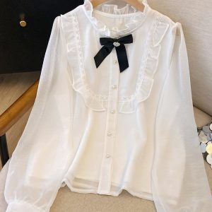 優雅的日本和韓國風蕾絲襯衫 褪絲襯衫，帶有蓋袖，扣扣前面，適合春秋季節，女士襯衫